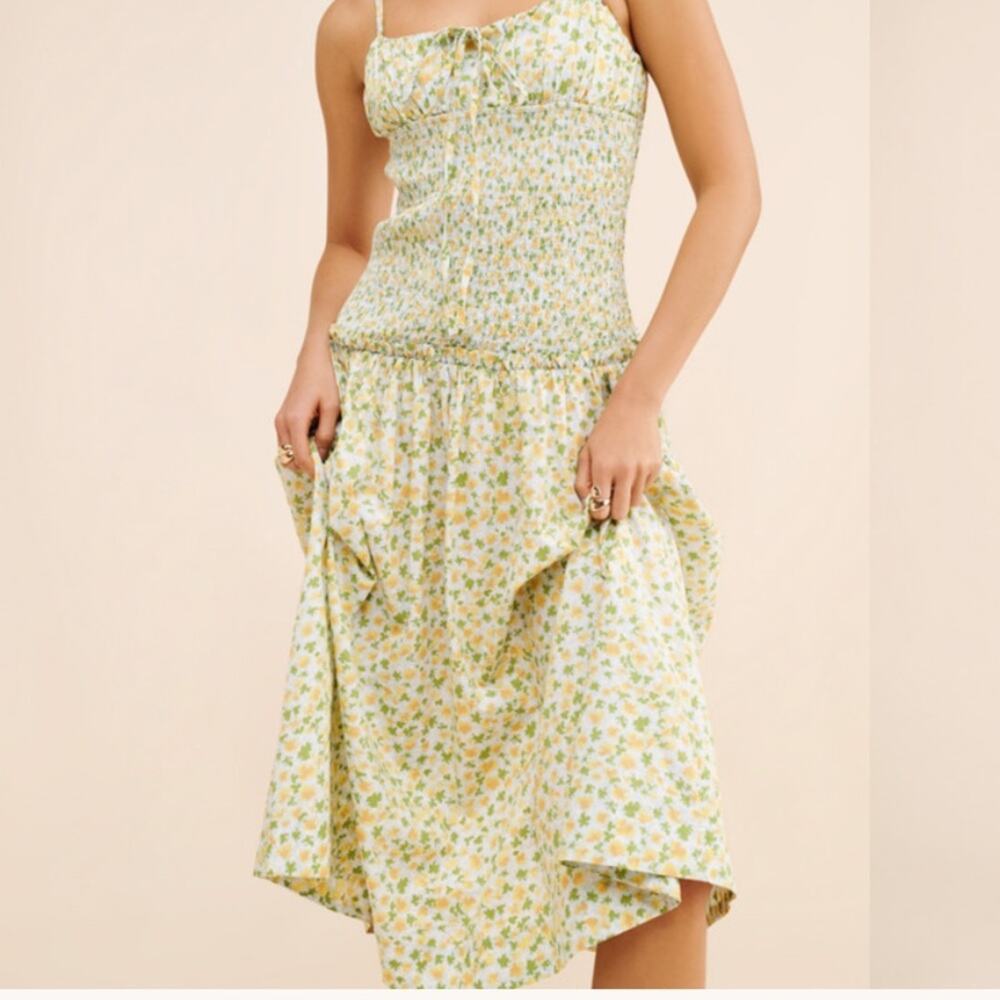 Free People Lavender Daze Smocked Floral Midi Dress XS Cream Yellow Green